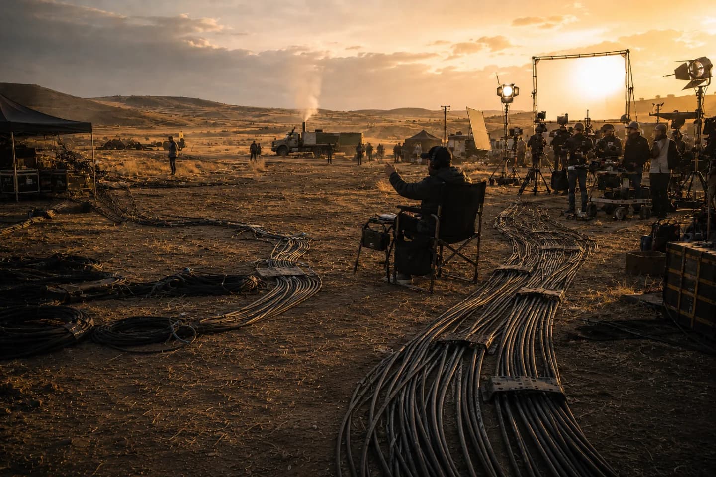 Film location shoot at golden hour — director on set, thick cable bundles snaking across foreground, generator truck smoking in far background