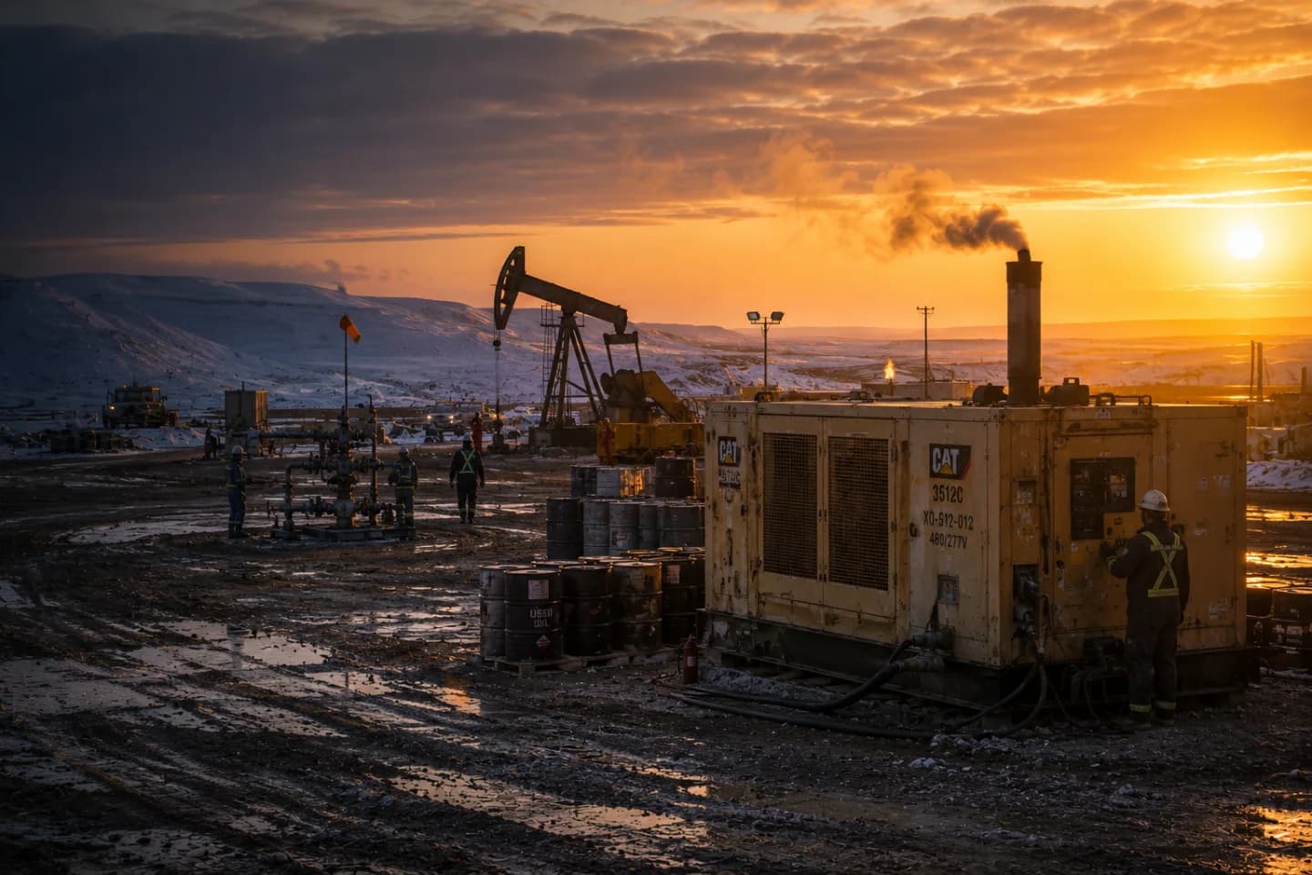 Remote oil and gas wellsite at sunset — CAT diesel generator running, pump jack, workers in flame-resistant gear
