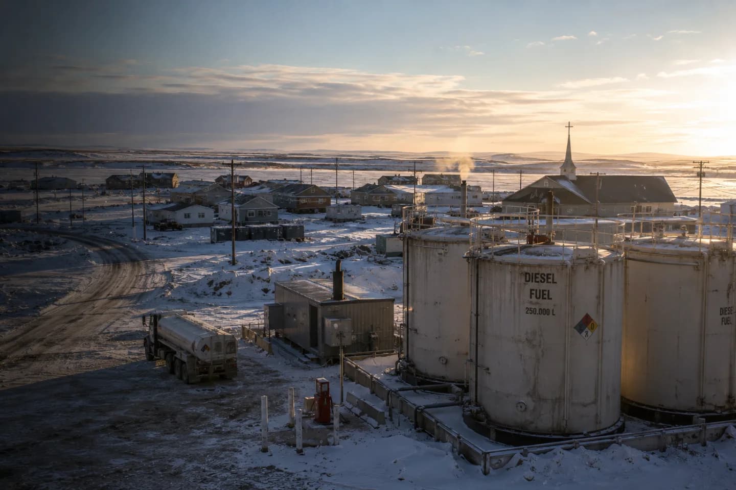 Remote northern community in winter — diesel fuel storage tanks, small homes, church, golden winter light