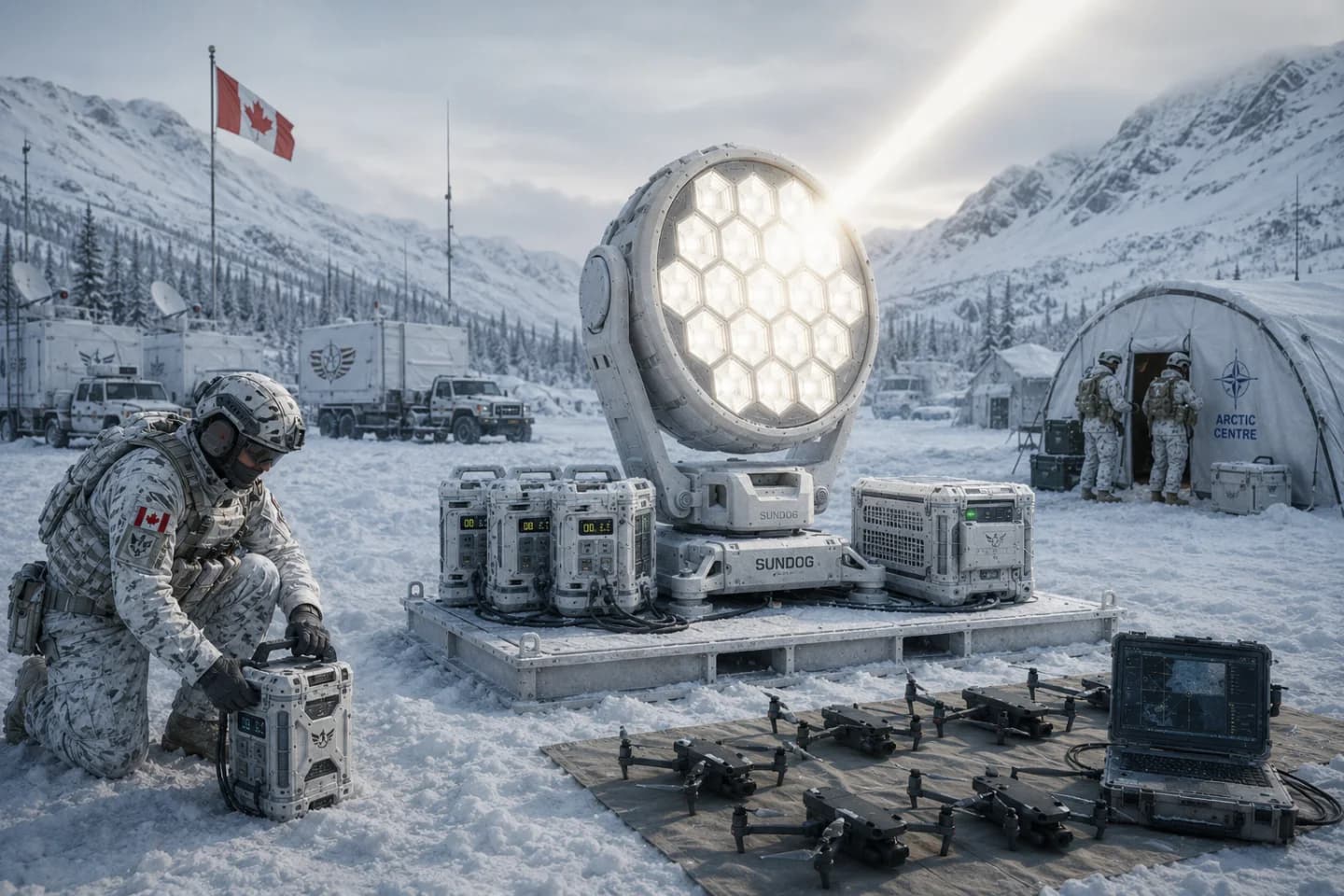 SES System deployed at Canadian Arctic military base — SunDog collector, BESSe battery modules, soldier deploying power for drones and field equipment
