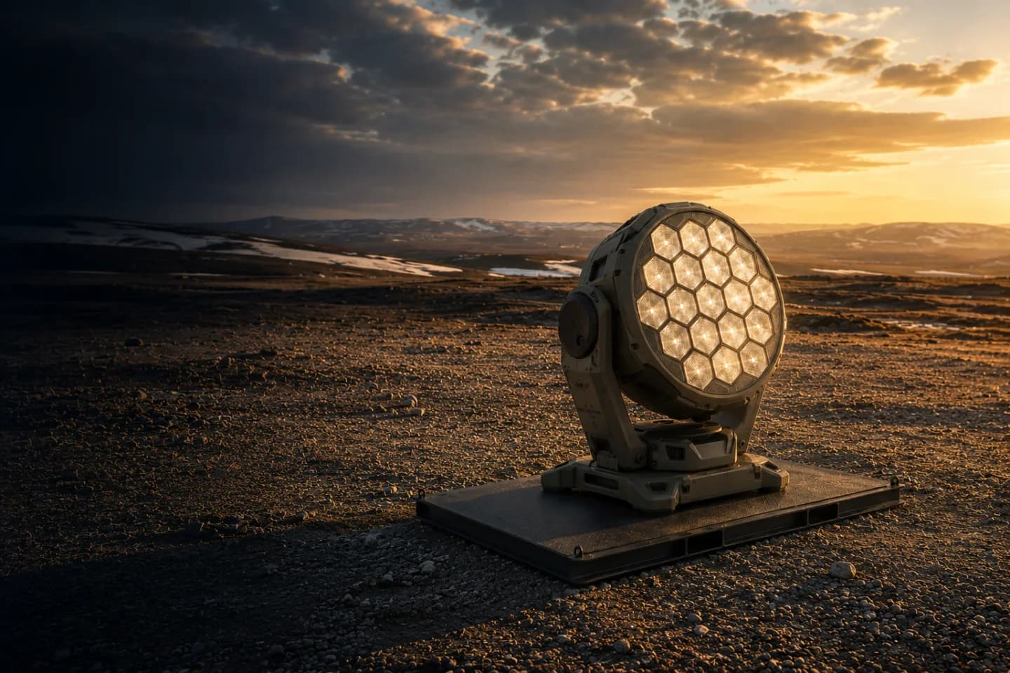 SunDog CPV solar collector tracking the sun at golden hour — concentrating photovoltaic hex lens array glowing on arctic tundra