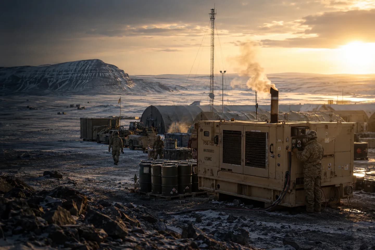 USMC field operating base in arctic tundra — diesel generator running at sunset, fuel barrels stacked, communications tower