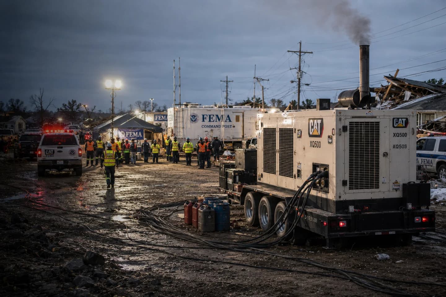 FEMA disaster response command post — CAT generator running, first responders in high-vis, downed power lines