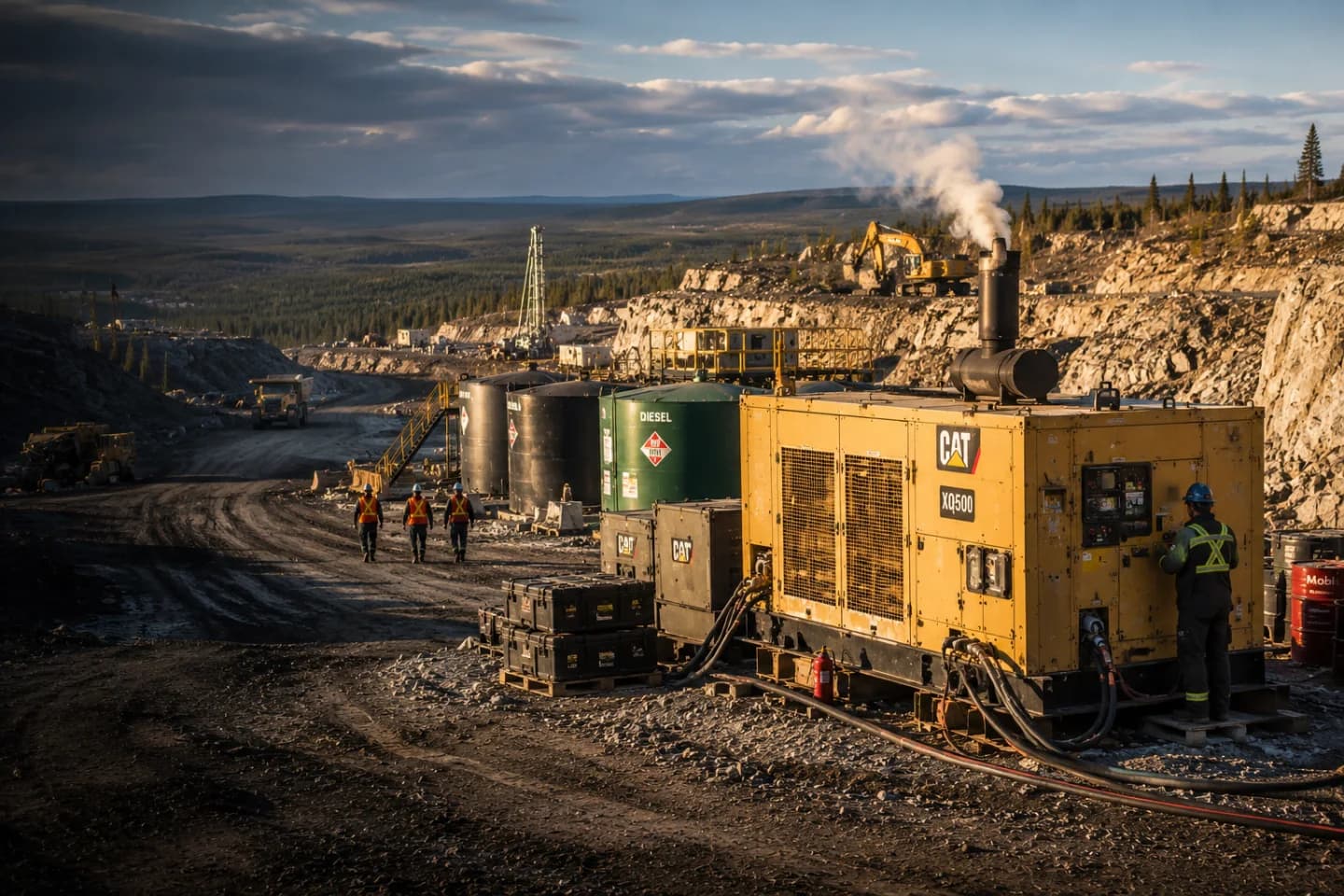 Remote open-pit mine site — CAT diesel generator and diesel fuel tanks, workers in high-vis, boreal landscape